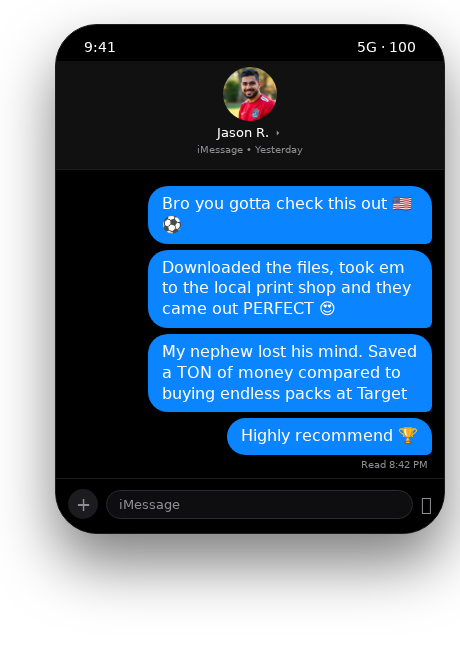 Text message from Jason about printing the pack and saving money