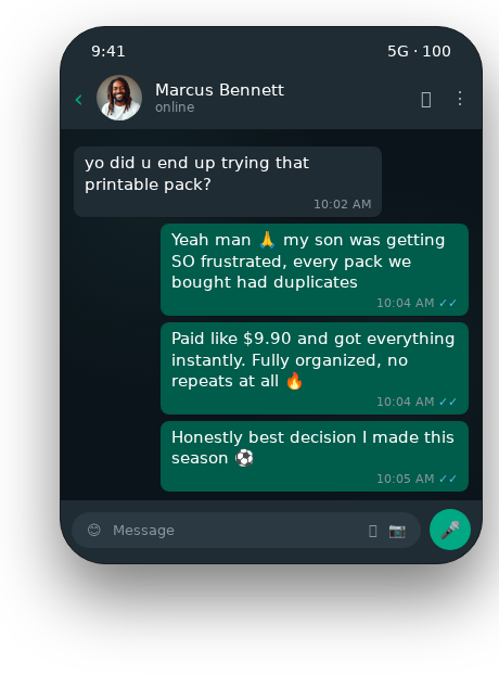 WhatsApp chat from Marcus about getting the pack for $9.90 with no duplicates